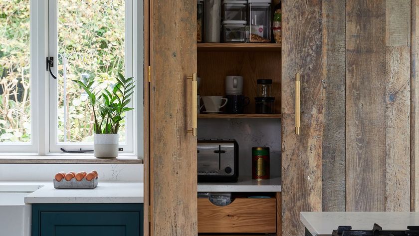 Rustic kitchen pantry with weathered wood doors, brass handles, open shelving, and neatly stored appliances, softened by natural light and greenery.