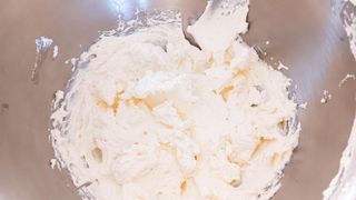 Heavy cream whipped using a KitchenAid Artisan stand mixer