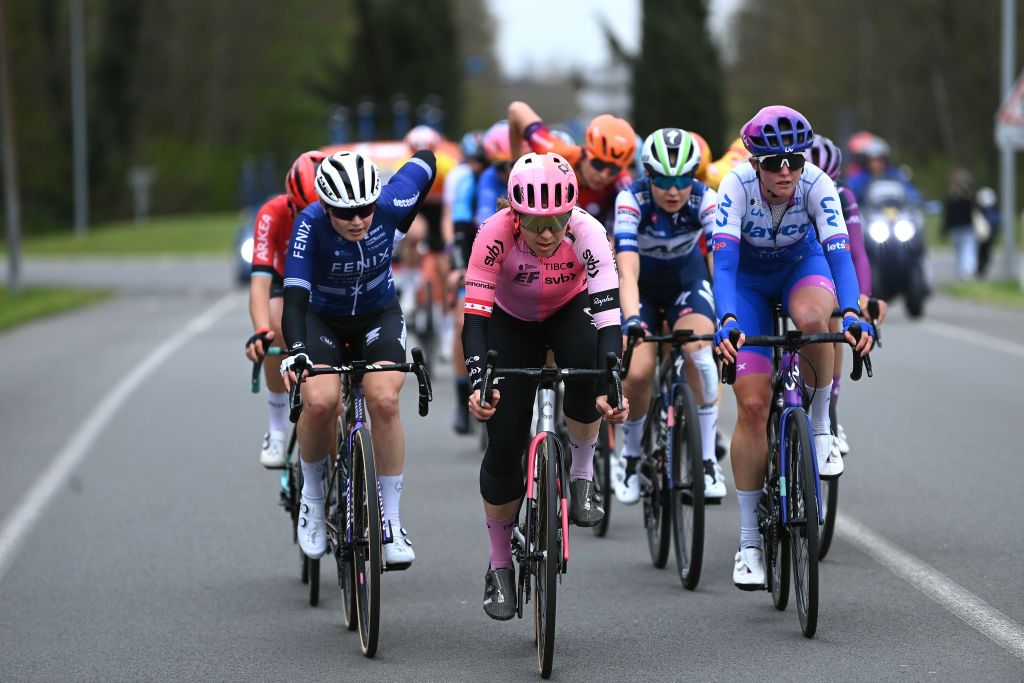 ROUBAIX FRANCE APRIL 08 LR Marthe Truyen of Belgium and Team FenixDeceuninck Alison Jackson of Canada and Team EF EducationTibcoSvb and Amber Pate of Australia and Team JaycoAlUla compete in the breakaway during the 3rd ParisRoubaix Femmes 2023 a 1454km one day race from Denain to Roubaix UCIWWT on April 08 2023 in Roubaix France Photo by Tim de WaeleGetty Images