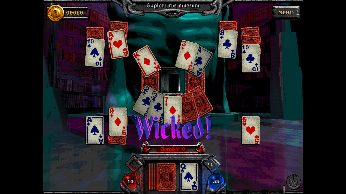 A solitaire tableau in Forbidden Soltaire's The Discarded DLC with crunchy '90s-inspired graphics and WICKED! in purple text at the bottom of the screen.