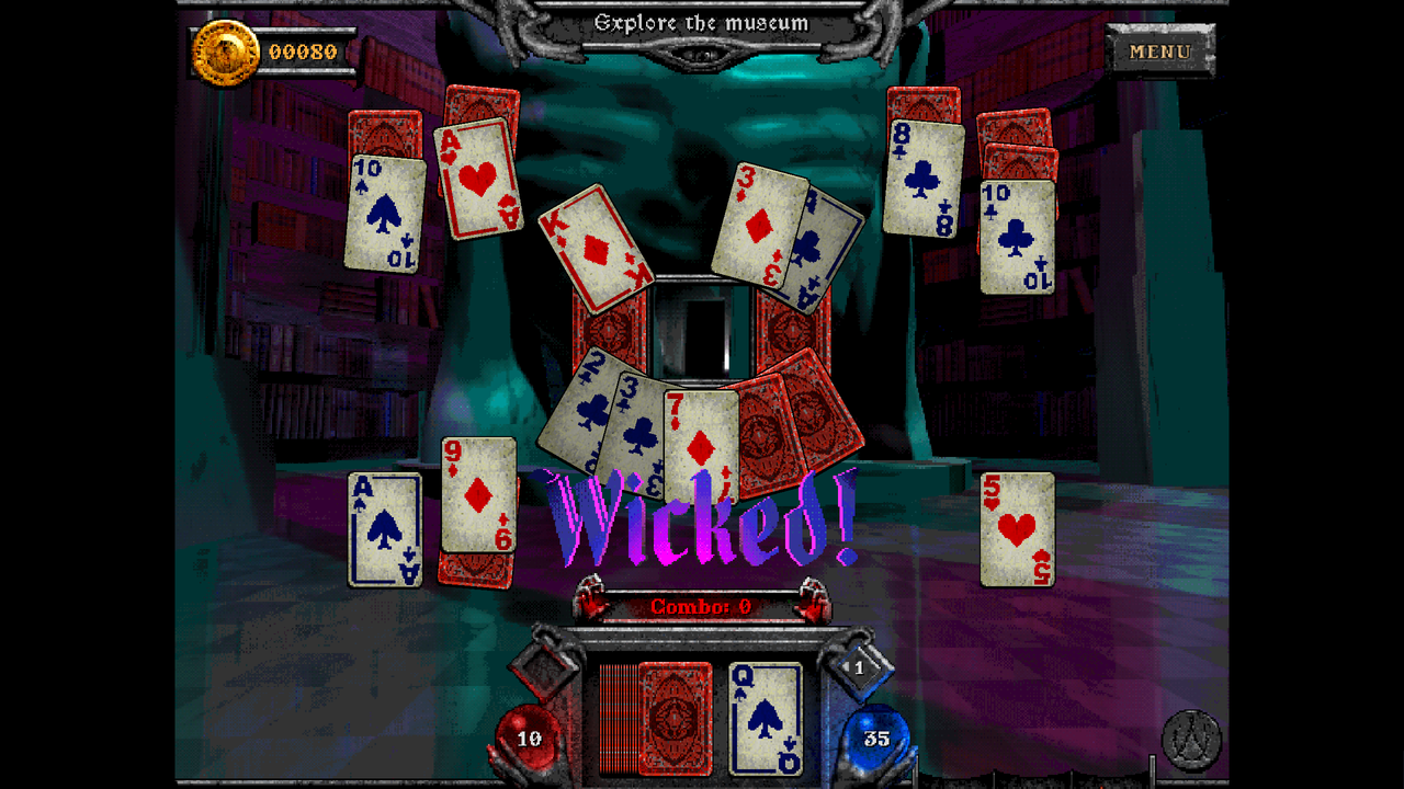 A solitaire tableau in Forbidden Soltaire's The Discarded DLC with crunchy '90s-inspired graphics and WICKED! in purple text at the bottom of the screen.