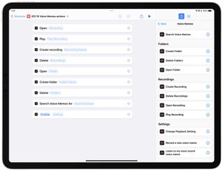 Screenshot of the Shortcuts app showing the listed Voice Memos actions.