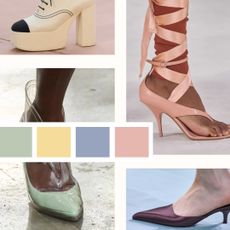 spring 2025 shoe color trends on the runways of Chanel, Ferragamo, Rabanne, and Prada 