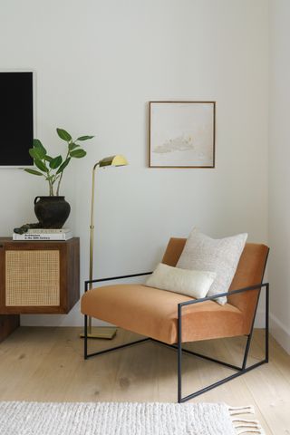 A seating area with armchair and plant