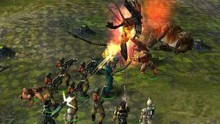Image from the video game Aliens vs. Predator: Extinction. A whole army of soldiers is shooting at one giant Alien.