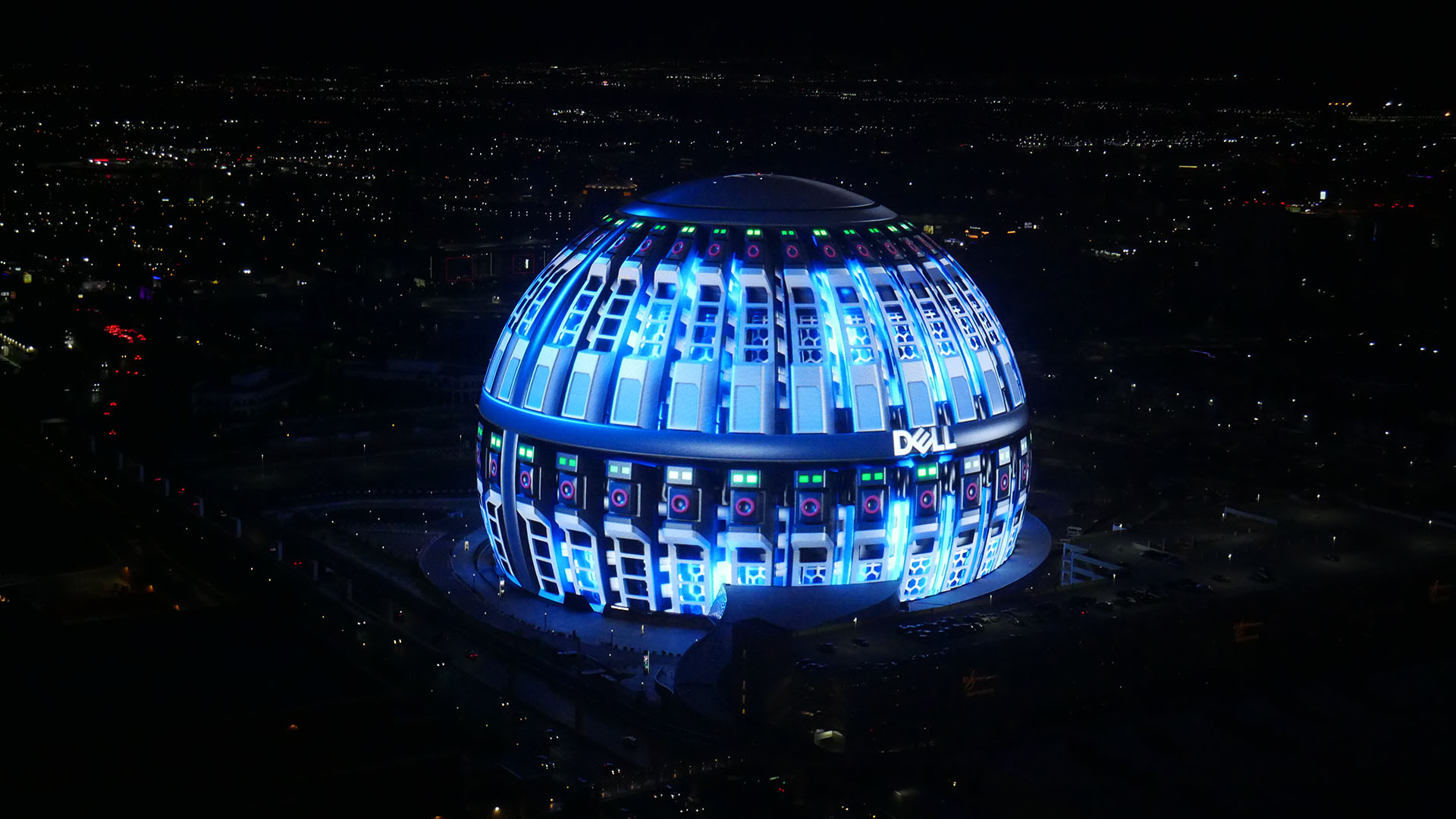 The Las Vegas Sphere made to look like the inside of a Dell server cupboard