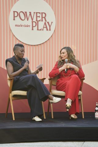 Tina Knowles onstage with Nikki Ogunnaike at Power Play to discuss Cecred