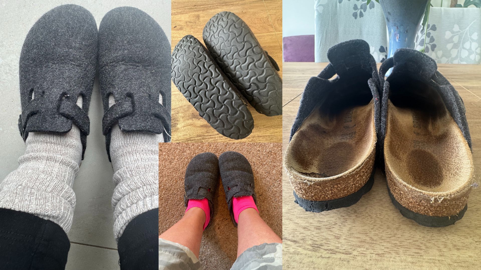 A collage of four images of writer Heidi Scrimgeour's Birkenstocks Boston Mules.