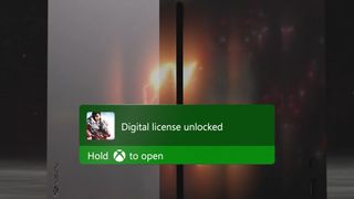 An Xbox-style notification reads “Digital license unlocked” and “Hold Xbox to open” over a dark, moody background with a glowing orange light.