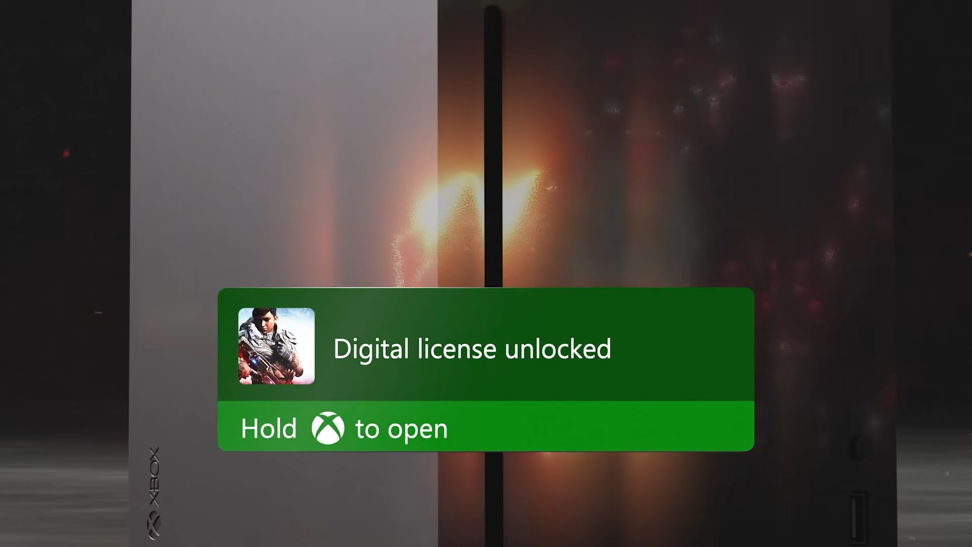 An Xbox-style notification reads &ldquo;Digital license unlocked&rdquo; and &ldquo;Hold Xbox to open&rdquo; over a dark, moody background with a glowing orange light.