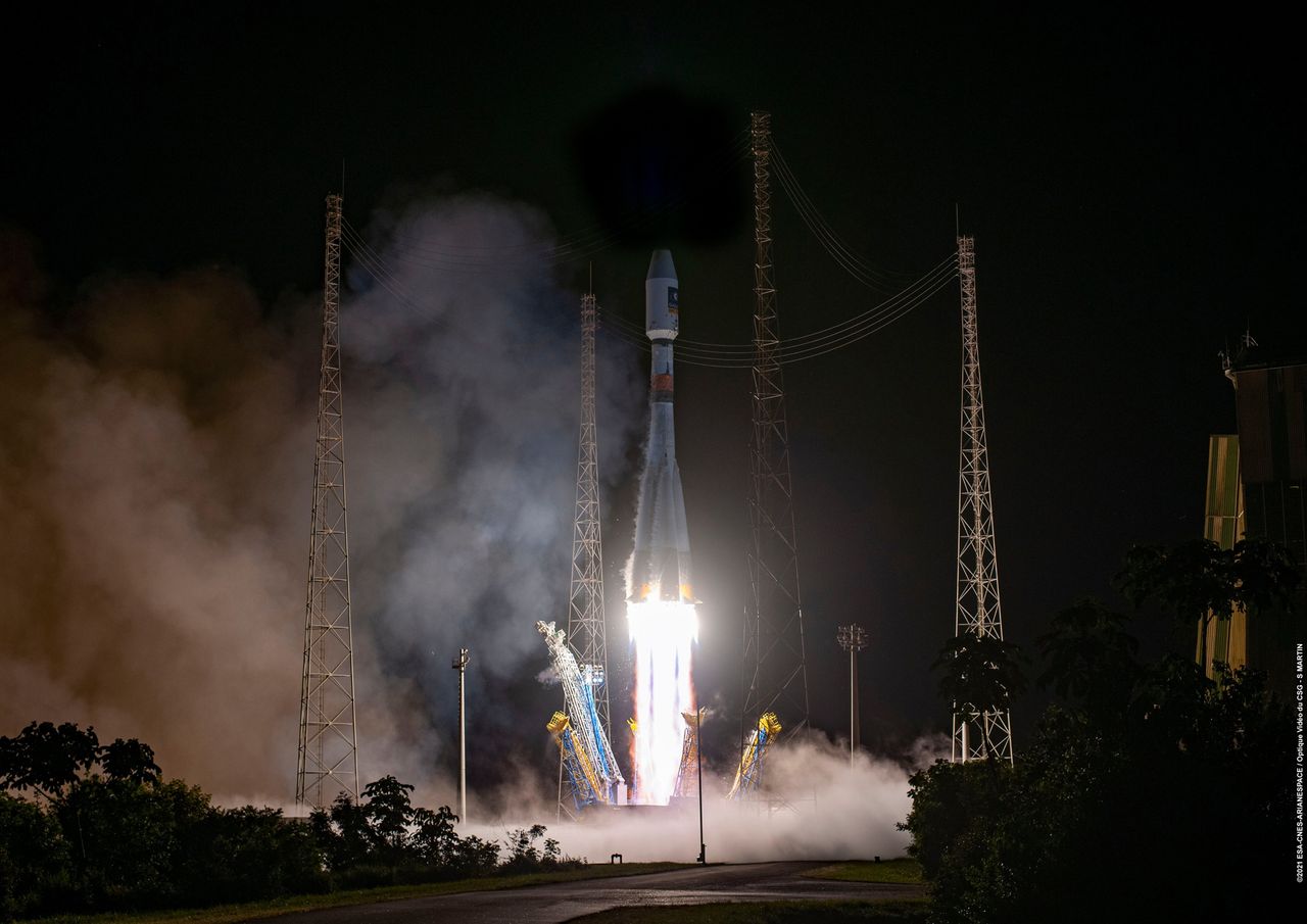 An Arianespace Soyuz rocket carrying two new Galileo navigation satellites launches into orbit from the Guiana Space Center in Kourou, French Guiana on Dec. 4, 2021.