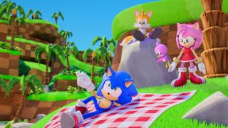 Sonic lies on a picnic basket in front of Tails, Amy, and a bird in Sonic Prime S1 E5.