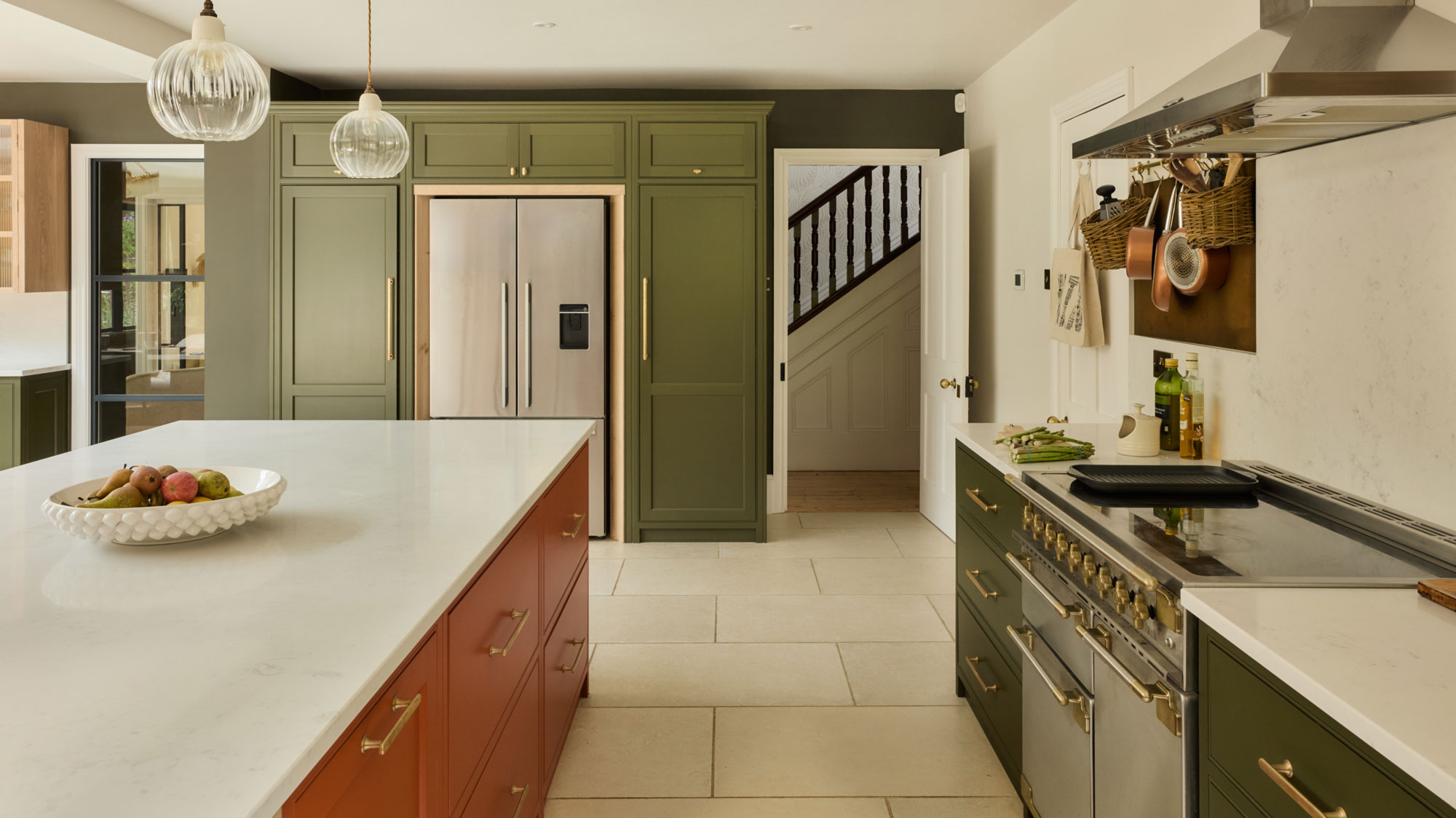red and green slim Shaker kitchen with red kitchen island