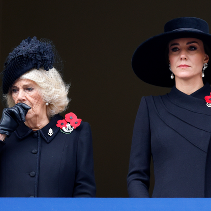 Camilla, Queen Consort and Catherine, Princess of Wales attend the National Service of Remembrance at The Cenotaph on November 13, 2022 in London, England.