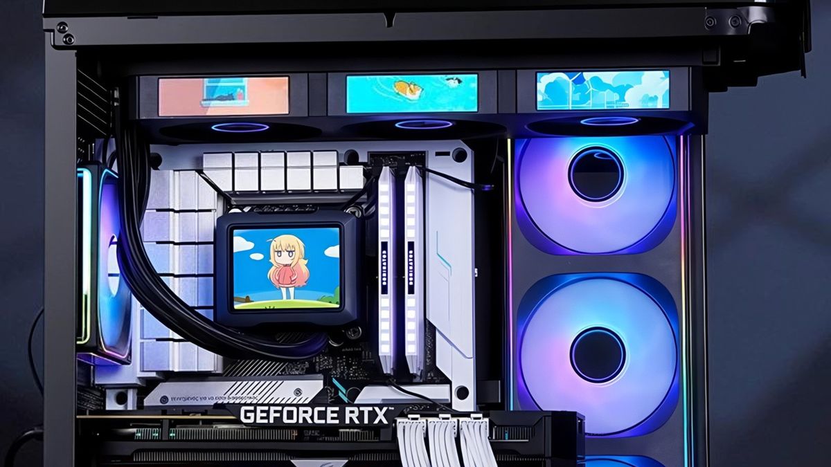 A promotional image for the Jonsbo TF3-360SCB AIO liquid CPU cooler, focusing on its key selling point: four LCD screens.