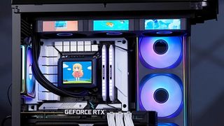 A promotional image for the Jonsbo TF3-360SCB AIO liquid CPU cooler, focusing on its key selling point: four LCD screens.