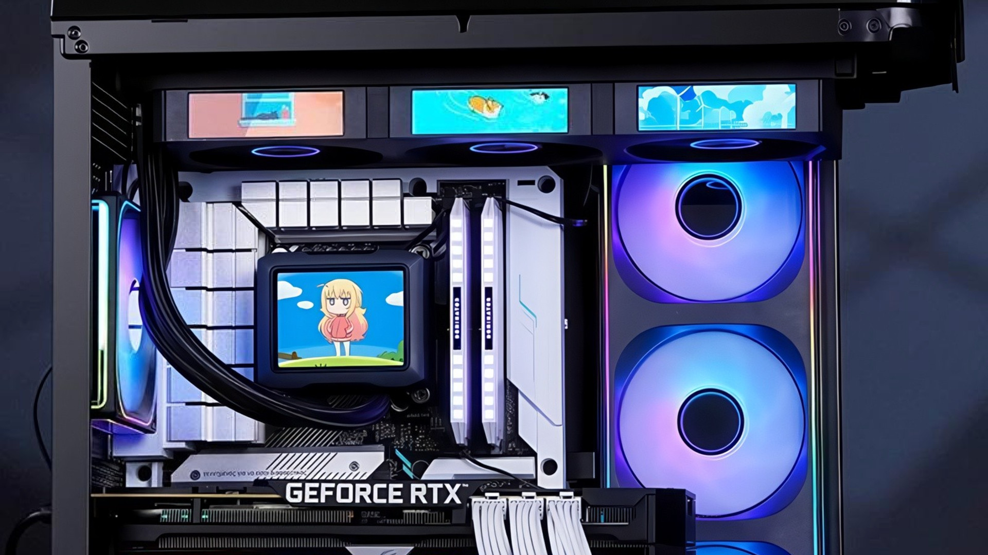 A promotional image for the Jonsbo TF3-360SCB AIO liquid CPU cooler, focusing on its key selling point: four LCD screens.