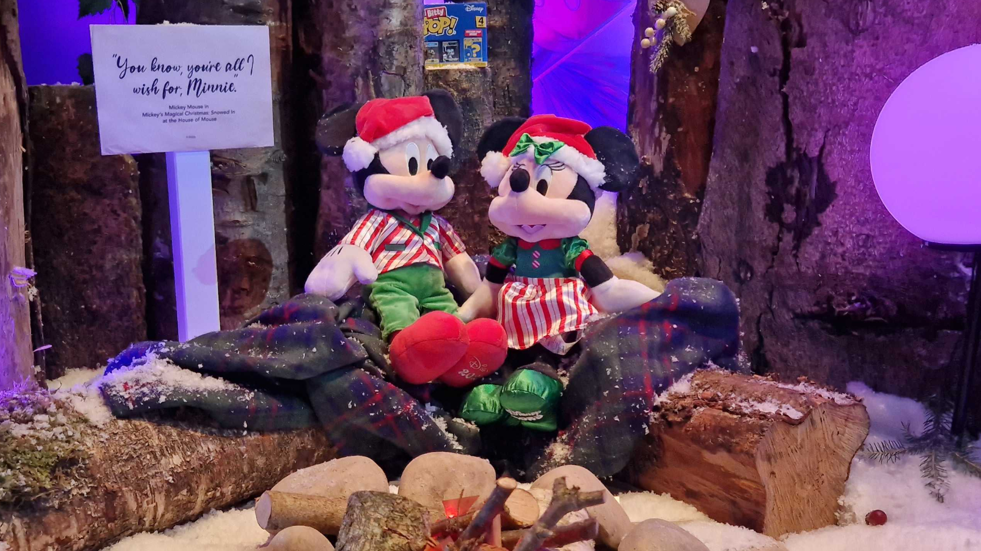 Mickey and Minnie Mouse plush toys in Christmas outfits, sat on a tartan rug on logs amongst snow