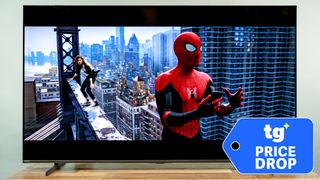 Hisense QD7 4K TV displaying a scene from Spider Man