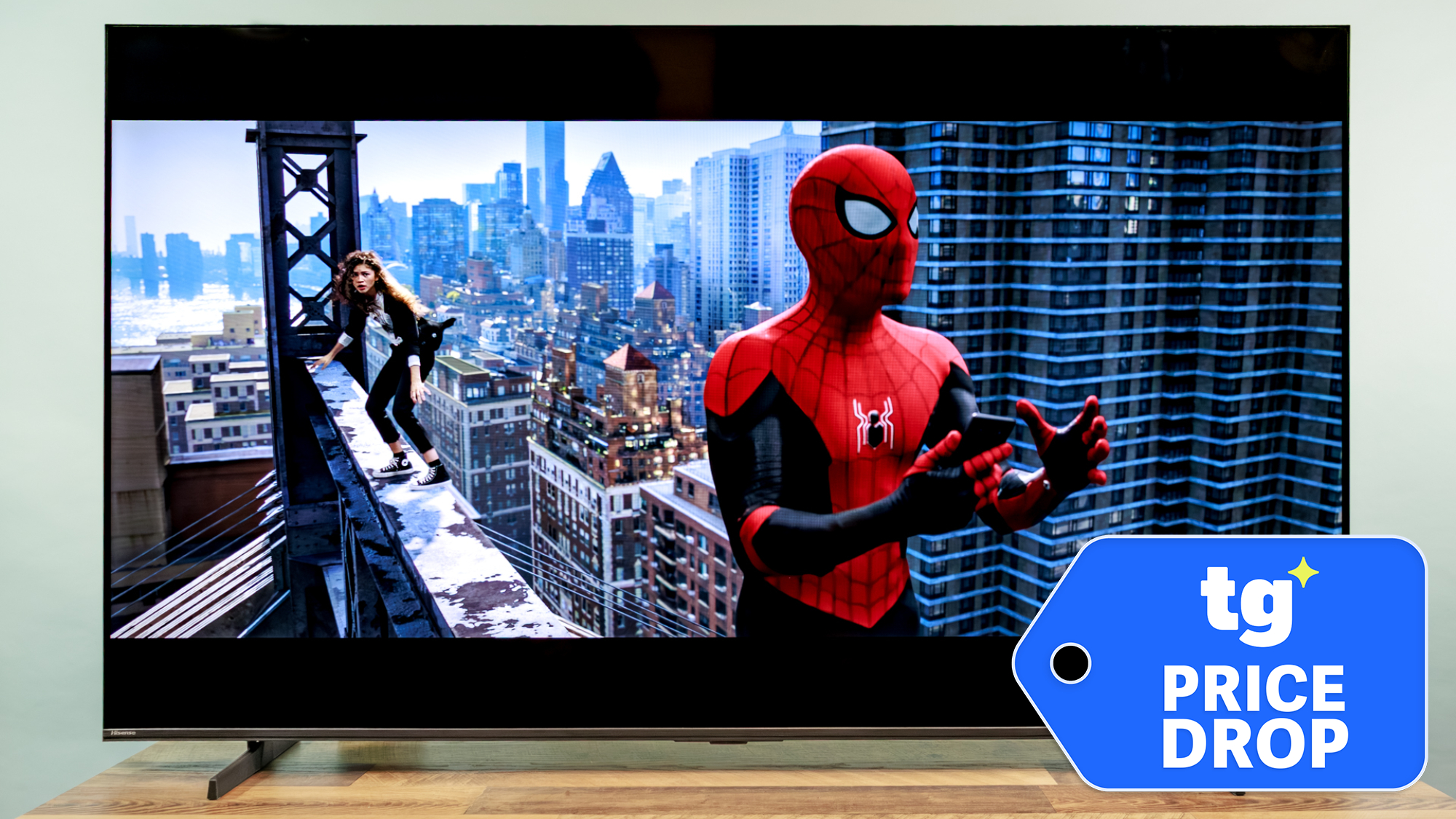 Hisense QD7 4K TV displaying a scene from Spider Man