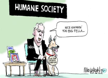 Political Cartoon U.S. McConnell Election Security Guard Dog Russian Interference