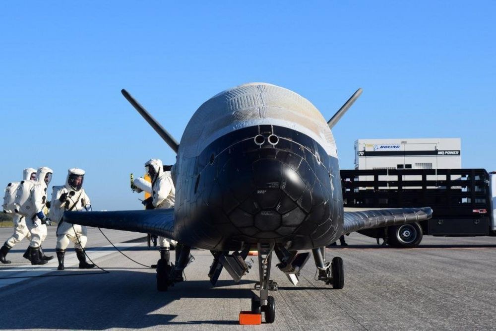 The U.S. Force's X-37B Orbital Test Vehicle 4 is seen after landing at NASA's Kennedy Space Center Shuttle Landing Facility in Florida on May 7, 2017.