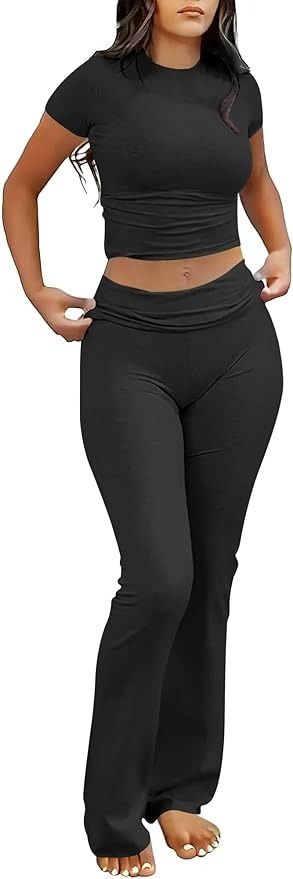 Anrabess Lounge Sets for Women 2 Piece Foldover Yoga Flare Leggings Pants Crop Tops Casual Y2k Outfits Matching Tracksuit Set Black Small