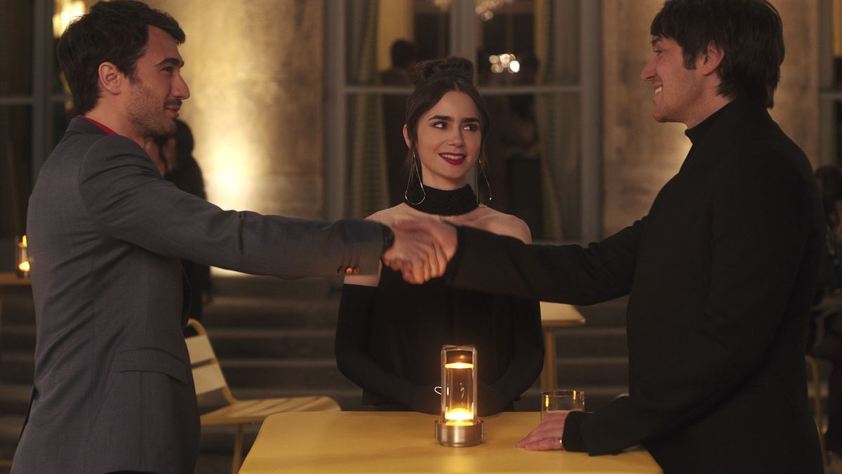 Eugenio Franceschini as Marcello, Lily Collins as Emily, Lucas Bravo as Gabriel in Emily in Paris season 4 episode 8