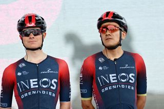 VISEGRAD HUNGARY MAY 06 LR Ben Tulett of United Kingdom and Richard Carapaz of Ecuador and Team INEOS Grenadiers during the team presentation prior to the 105th Giro dItalia 2022 Stage 1 a 195km stage from Budapest to Visegrd 337m Giro WorldTour on May 06 2022 in Visegrad Hungary Photo by Stuart FranklinGetty Images