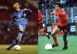 Composite image of Jordi Cruyff (left) and Johan Cruyff in their playing days.