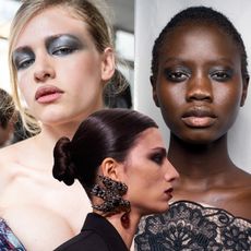 a collage of three models at paris fashion week with stylish hair and makeup