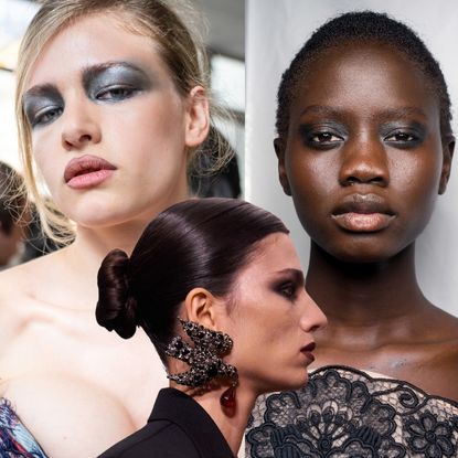 a collage of three models at paris fashion week with stylish hair and makeup