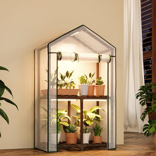 Bamworld Mini Greenhouse With Grow Light Plant Stand for Mutiple Pots Outdoor 2-Tierd Reusable Portable Warm House With Pe Cover Compact Patio Boho Home Decor
