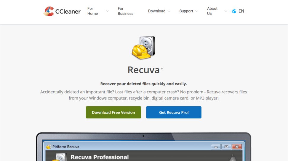 CCleaner Recuva website screenshot (July 2025).