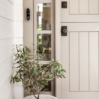 Arlo wireless video doorbell mounter beside a front door with a potted olive tree underneath