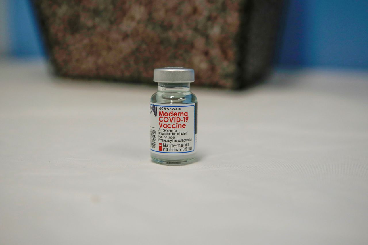 A Moderna COVID-19 vaccine vial.