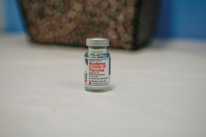 A Moderna COVID-19 vaccine vial.