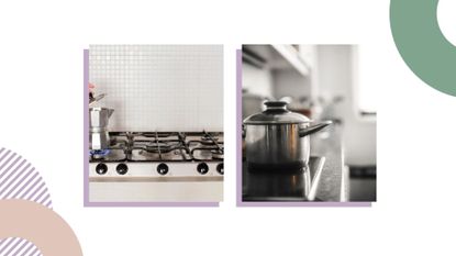 a collage image of an induction hob vs a gas hob