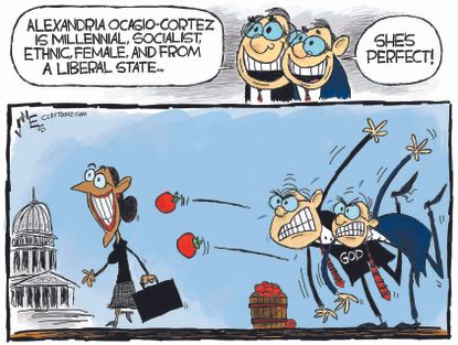 Political cartoon U.S. Alexandria Ocasio-Cortez millennial socialist ethnic female liberal GOP target