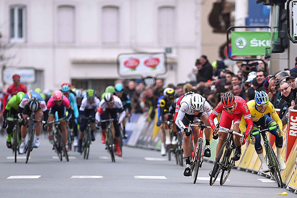 Nacer Bouhanni closes the door on Michael Matthews during the stage 2 sprint at Paris-Nice.