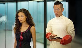 maeve and lutz in the lab westworld season 1