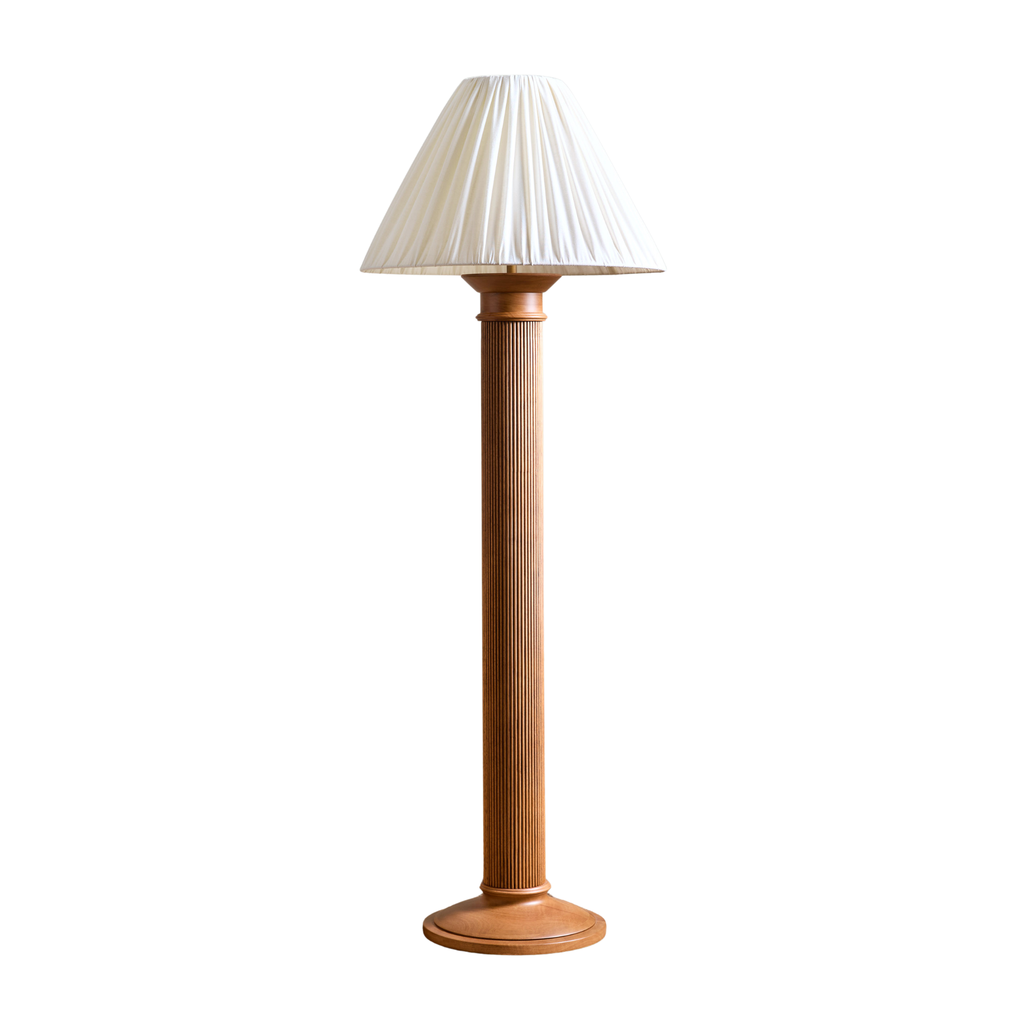 a floor lamp with a white fabric shade