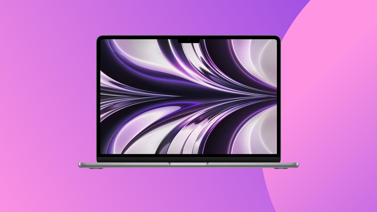 A product shot of the 2022 macbook air on a colourful background