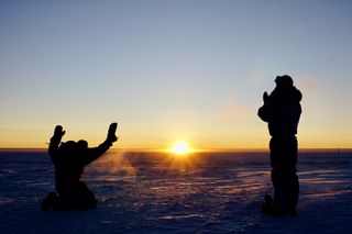 After four months of total darkness, on Aug. 11, the sun finally rose at the Concordia research station in Antarctica. Here, you can see ESA-sponsored medical doctor Stijn Thoolen (left) and engineer Wenceslas Marie-Sainte (right) celebrating the sunrise. The pair are part of a 12-member crew spending a year working, living and researching at the station.