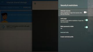 A screenshot of some of the security notices and restrictions you'll need to change on Android TV, including enable installs from unknown sources