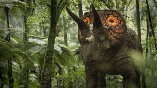 Adult Triceratops with colourful eyespots possibly created by flushing blood into the frill in Walking with Dinosaurs