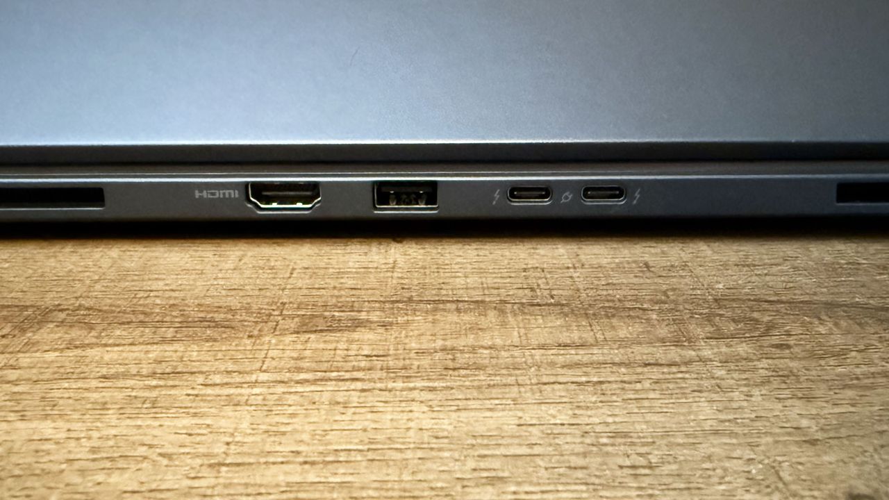 Rear-side ports on the MSI Prestige 16 AI Evo (B2HM) business laptop.