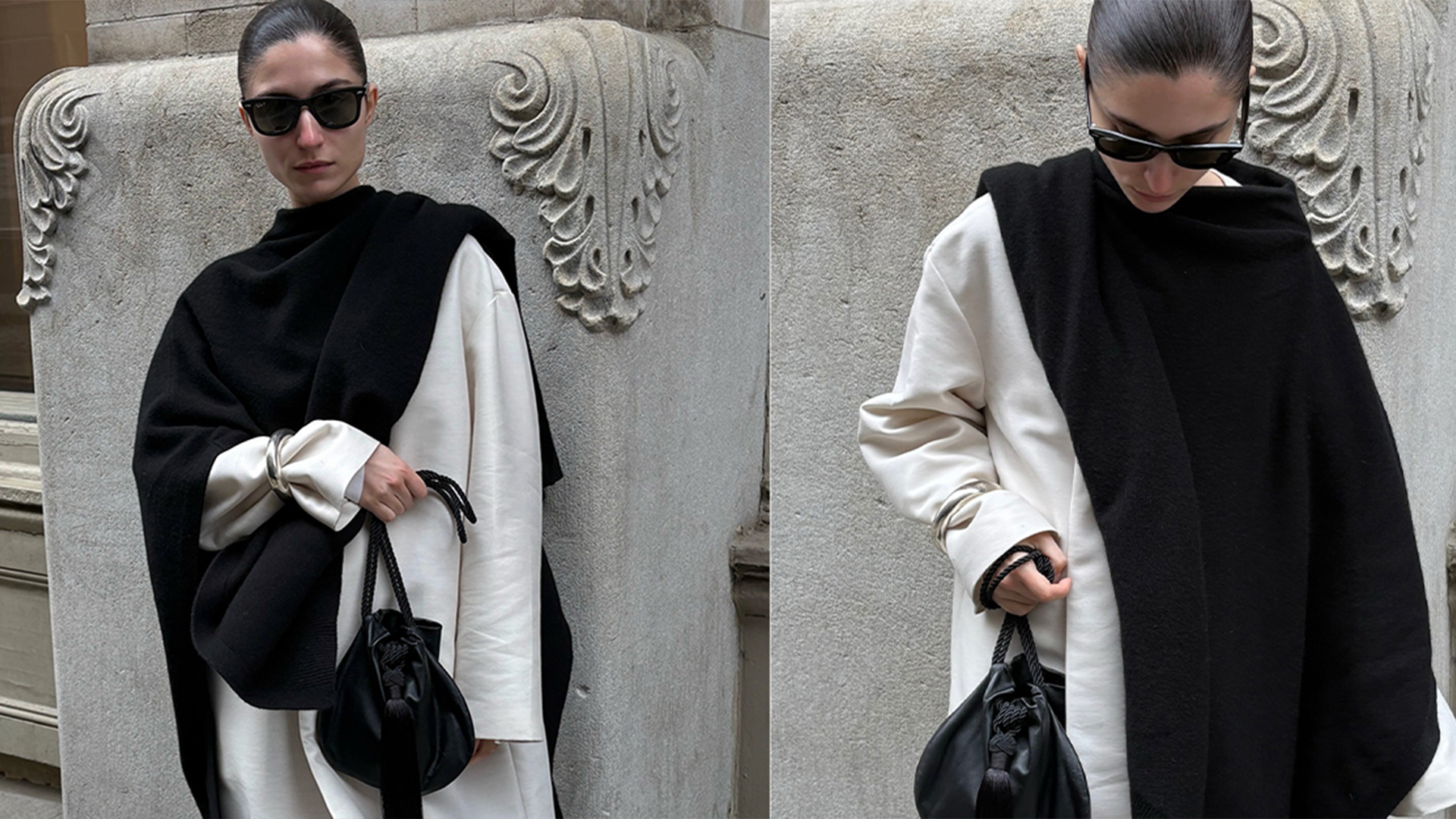 andrea wears white coat and black cape scarf while holding black handbag and posing with sunglasses