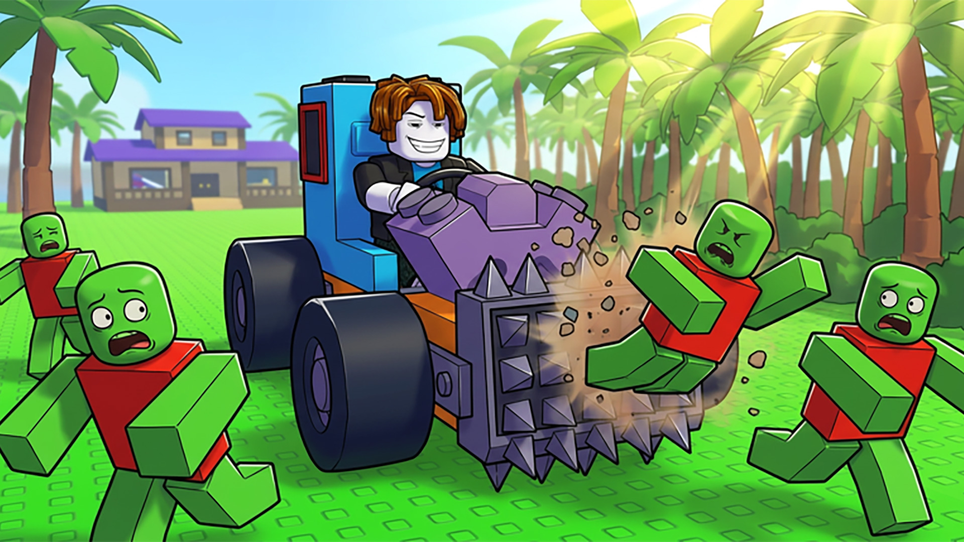 Press image for Build and Kill Zombies codes showing a character driving a vehicle with spikes on the front running over zombies