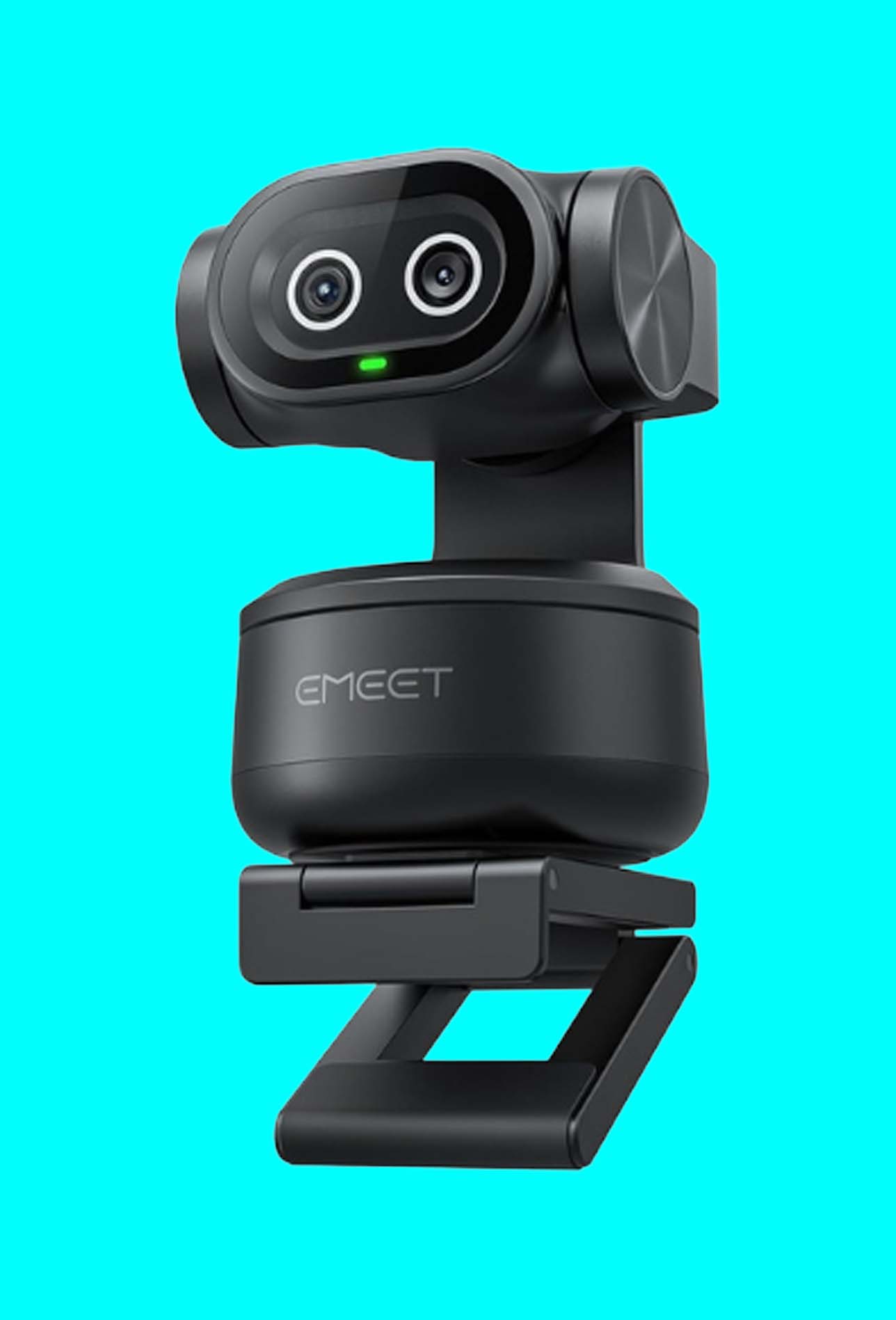 Emeet Pixy webcam on a teal background